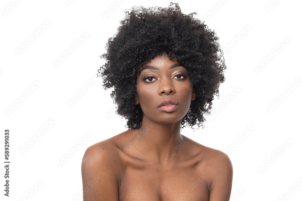 Very attractive black female with curly hair and smooth skin on isolated white background. Very attractive black female with curly hair and smooth skin on isolated white background.