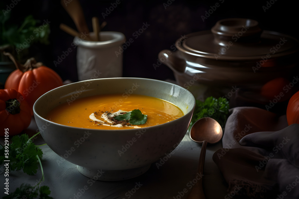 Pumpkin and carrot soup with cream. generative ai Pumpkin and carrot soup with cream. generative ai
