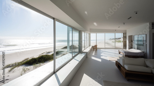 A minimalist beach house with white walls and panorama Generative AI © Wagner