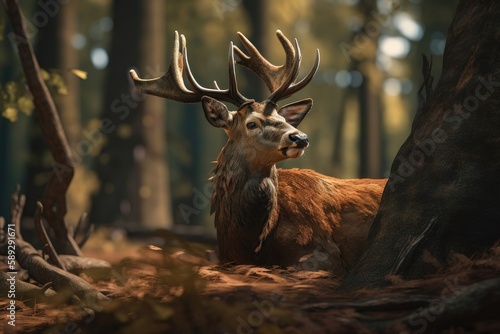 A royal deer with big antlers in the woods. AI generated