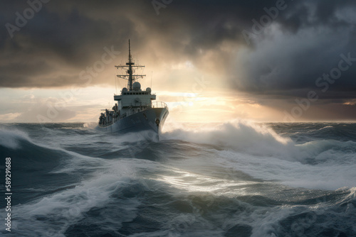 Dramatic Image of Warship Crashing Through High Waves in Rough Seas