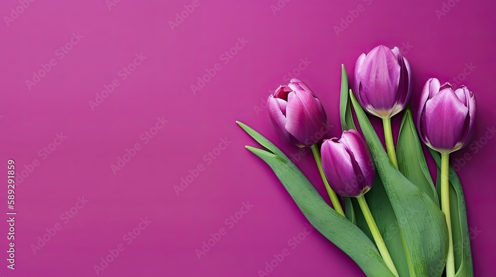 Fototapeta premium Tulips border with copy space on a colored background. Beautiful frame composition of spring flowers. Generative AI