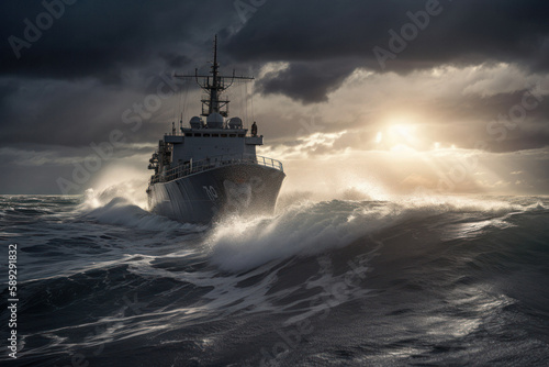 Dramatic Image of Warship Crashing Through High Waves in Rough Seas