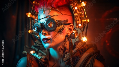 crazy female cyborg portrait with metallic cybernetic ornaments and sunglasses, fictional person created with generative ai