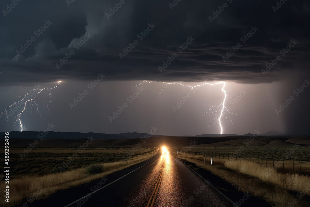 Thunderstorm on the Road at Night with Lightning Bolts