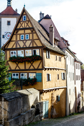 Historic center of Rothenburg ob der Tauber with half timbered houses, Bayern, Germany, Europe