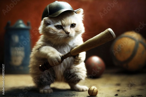 Baseball player cat. Generative AI. photo