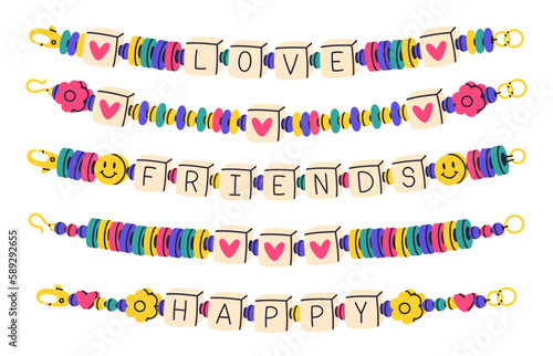 Beaded bracelets. Friendship funky bracelets, handmade plastic beads bracelet. Kids cute accessories with words friends and love vector set