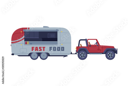 Car with Food Truck as Equipped Motorized Vehicle for Cooking and Selling Street Food Vector Illustration