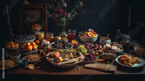 table topped with lots of different types of food. Generative Ai