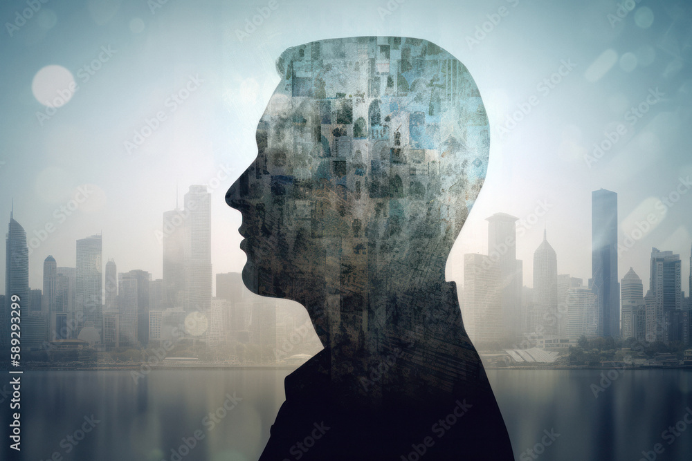 Double Exposure of Businessman Head Silhouette and Skyscrapers for Success