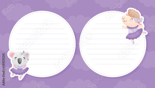 Cute Animal Ballerina on Lined White Empty Card Vector Template