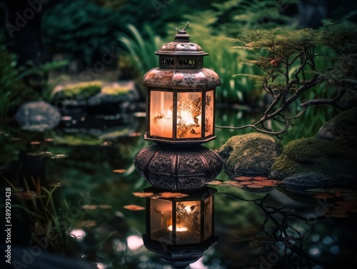 A mystical and enchanting view of a traditional lantern reflected in a koi pond in a Japanese garden © Suplim