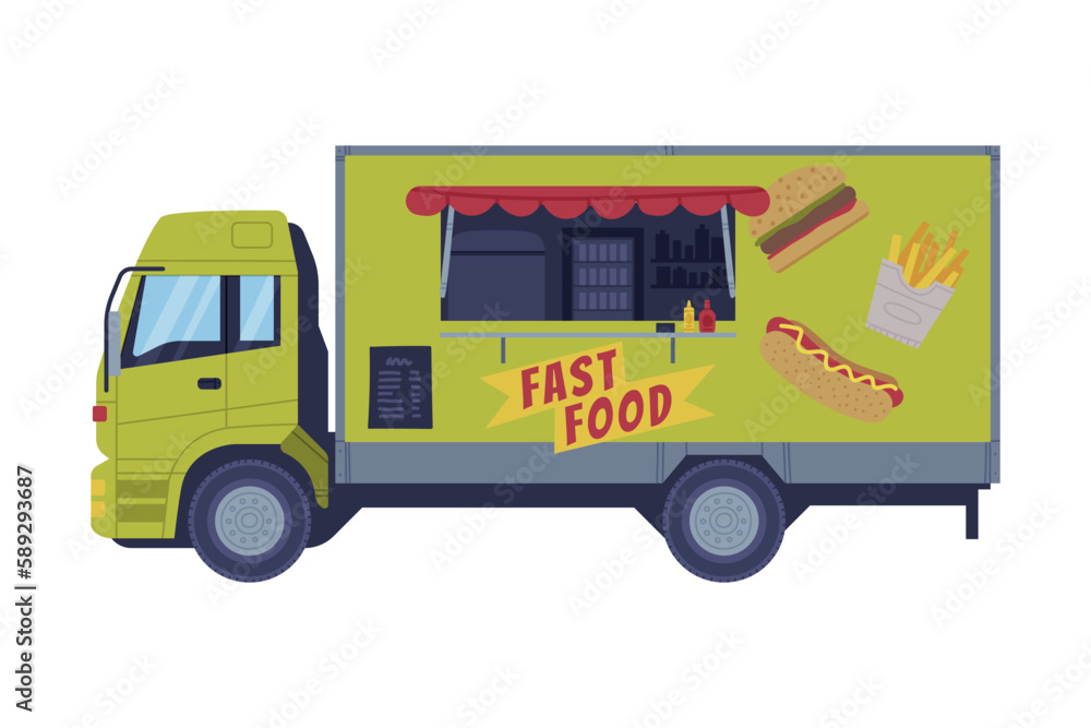 Green Food Truck as Equipped Motorized Vehicle for Cooking and Selling Street Food Vector Illustration