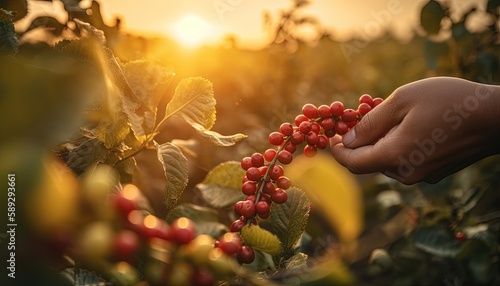 of a person picking red and green coffee beans, coffee plantation background