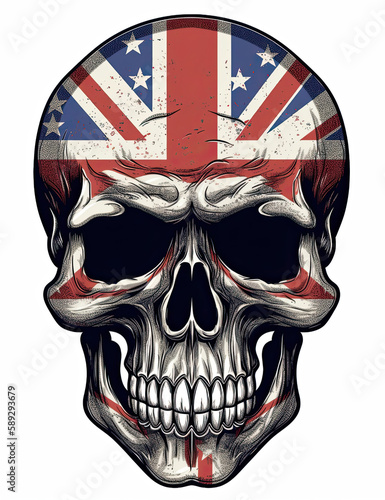 British flag skull illustration, UK, Skull logo for t shirts and graphic design. Generative AI