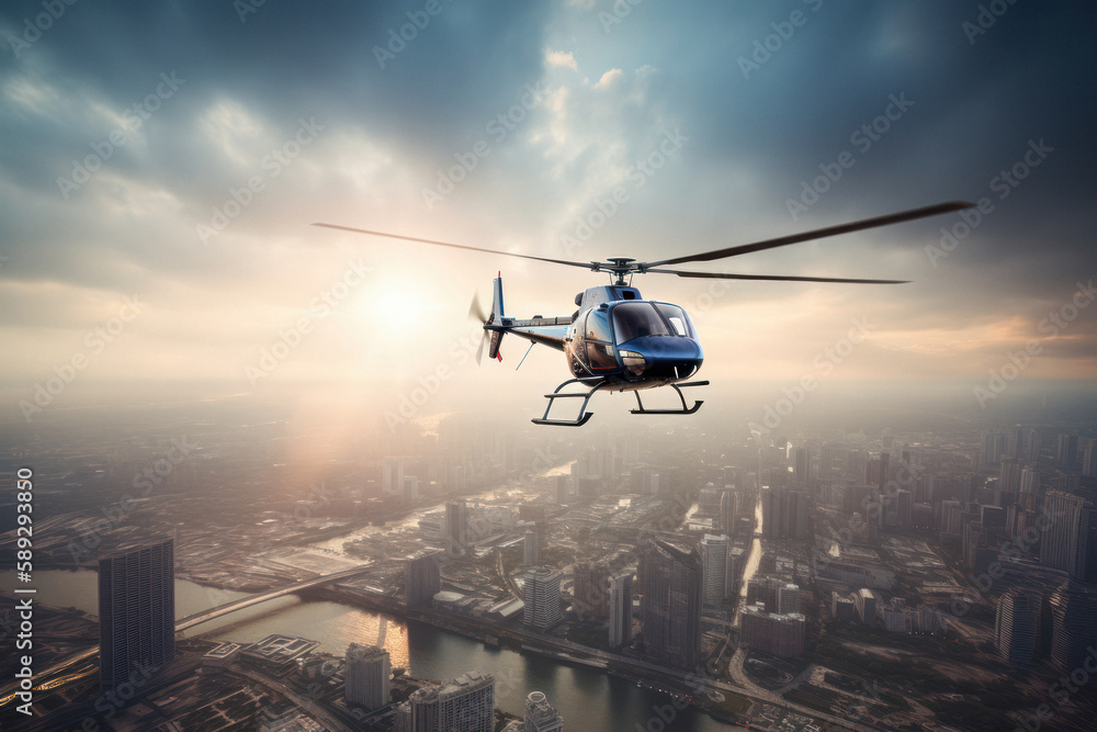 Helicopter Flying next to New York City Skyline with Motion Blur Helicopter Flying next to New York City Skyline with Motion Blur