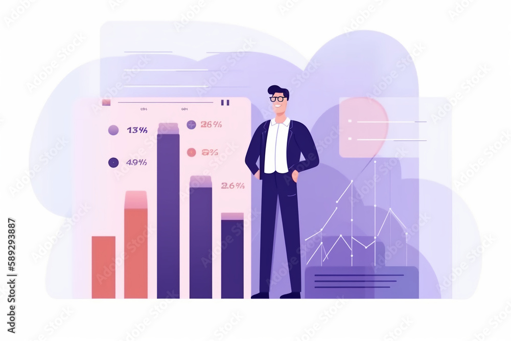 business man standing in front of charts and statistics, colored vector illustration business man standing in front of charts and statistics, colored vector illustration