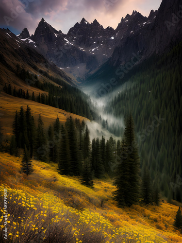 Colorful sunset and mountains 03. Illustrations and Clip Art/AI generated.