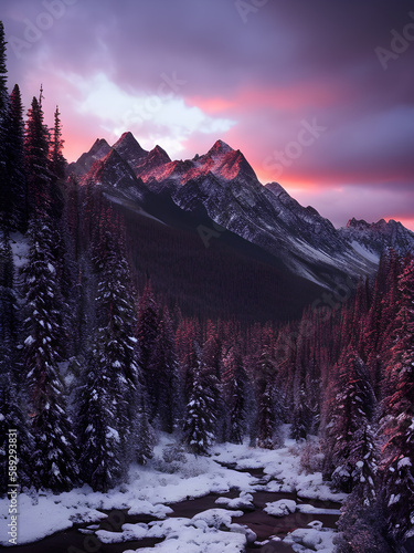 Colorful sunset and mountains. Illustrations and Clip Art/AI generated.