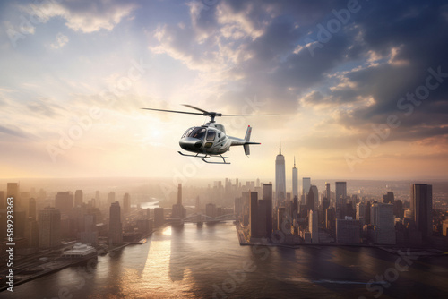 Helicopter Flying next to New York City Skyline with Motion Blur