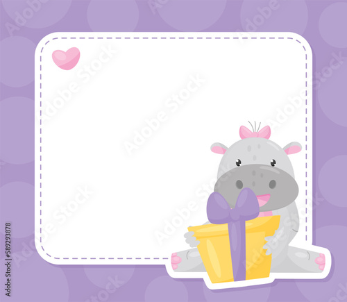 Cute Hippo Character Sitting with Gift Box Empty Card Vector Template