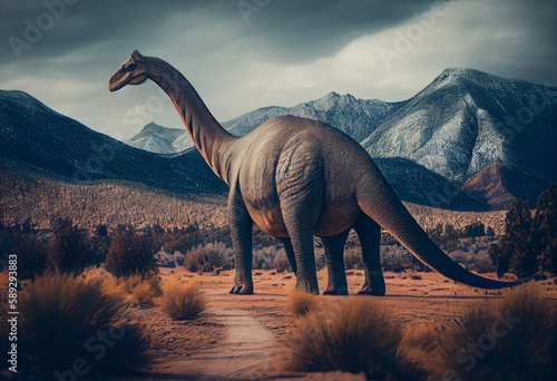 alamosaurus is looking for the others in the plains and mountains. Generative AI © Randy