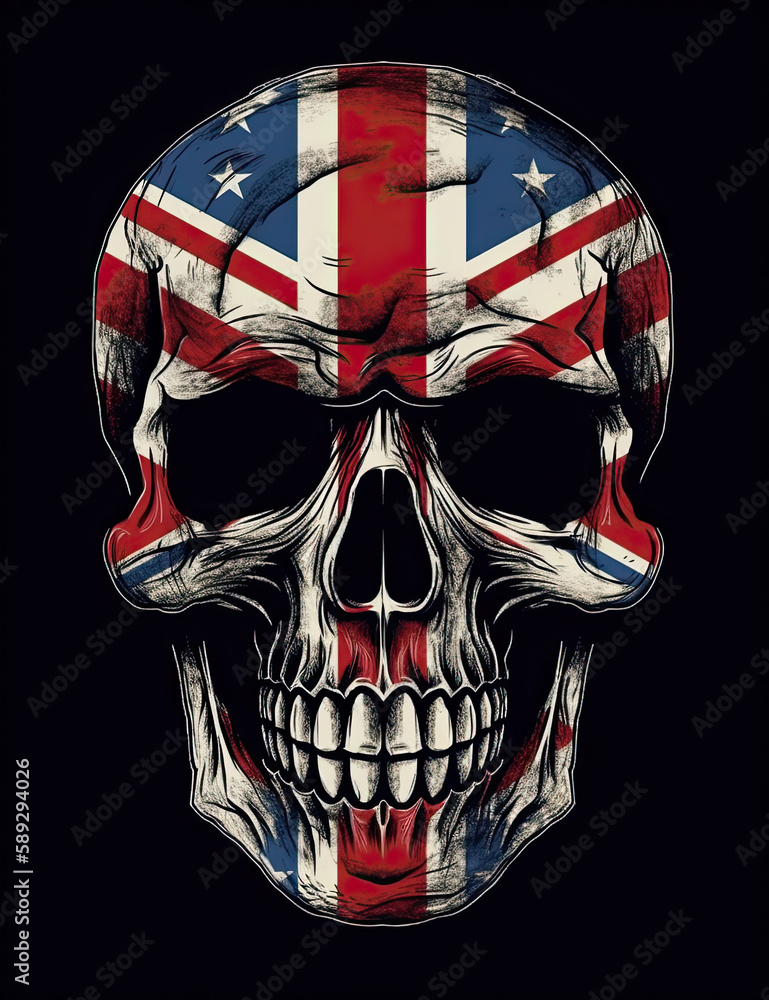 British flag skull illustration, UK, Skull logo for t shirts and graphic design. Generative AI