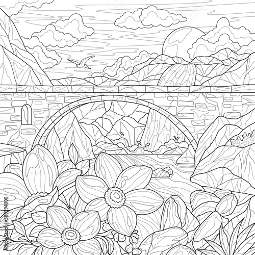 Landscape with bridge and flowers.Coloring book antistress for children and adults. Illustration isolated on white background.Zen-tangle style. Hand draw