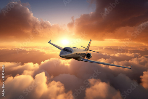 Private Jet Soaring through Vibrant Sunset