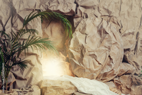 Stone is rolled away from empty grave on Easter morning. Jesus Christ resurrection. Empty tomb of Jesus with light. Born to Die, Born to Rise. He is not here he is risen. Christian Easter concept.