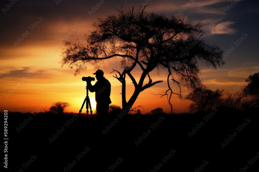 Male Photographer Silhouette Capturing Sunset in Nature