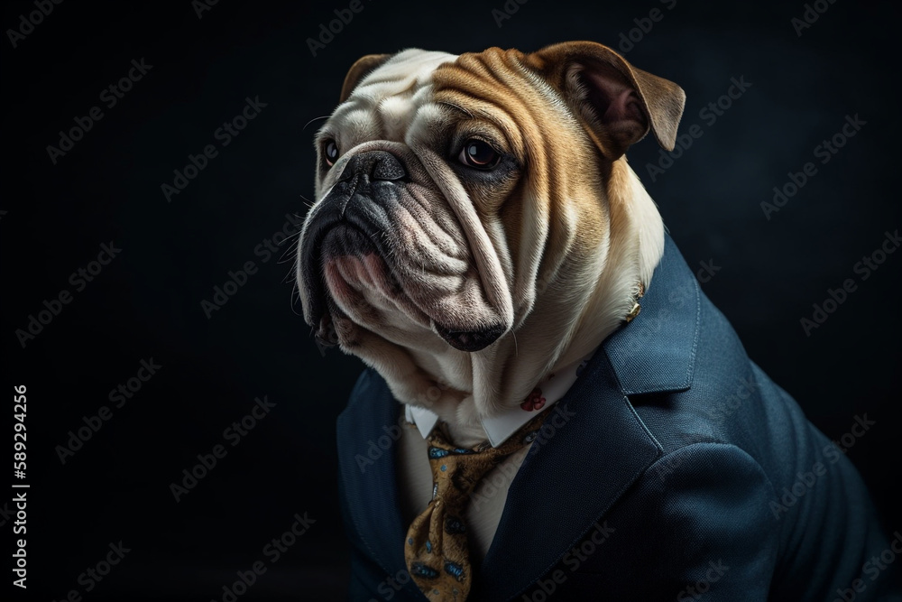 English bulldog in a business suit portrait, AI generated  