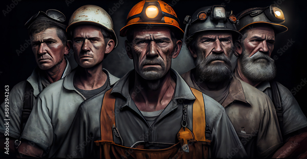 Naklejka premium Crowd or group of miners in helmets, front view. AI generated illustration 