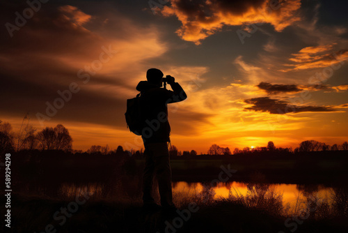 Male Photographer Silhouette Capturing Sunset in Nature