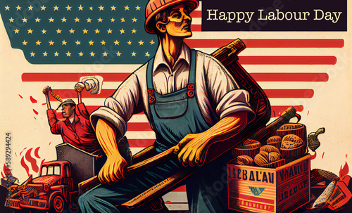 Happy Labor day background design with American Flag. Generative Ai illustration. 