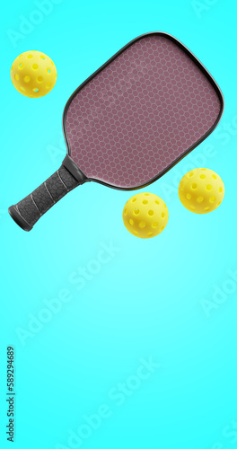 Racket and sports balls for pickle ball. 3d rendering
