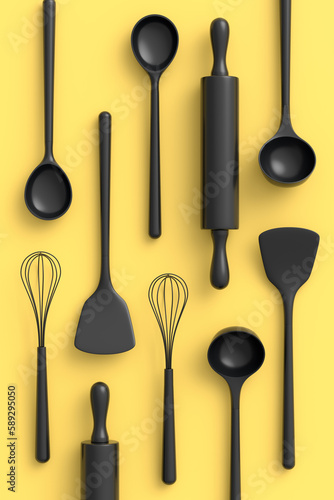 Wooden kitchen utensils, tools and equipment on monochrome background.