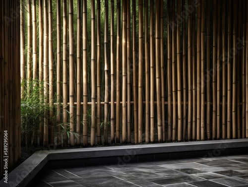 A minimalist and striking view of a bamboo fence in a Japanese garde