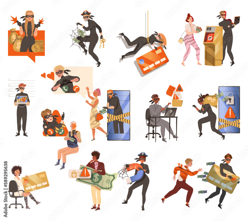 Naklejka premium Cybercriminal Committing Network and Computer Crime Harming Security and Financial Health Big Vector Set