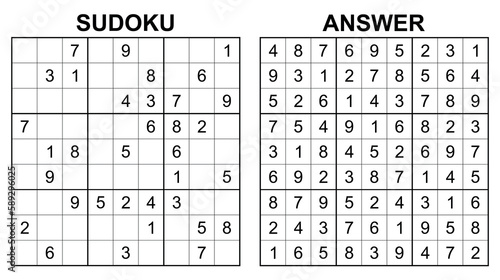 Vector sudoku with answer. Educational game with numbers for kids and leisure for adult on white background.	