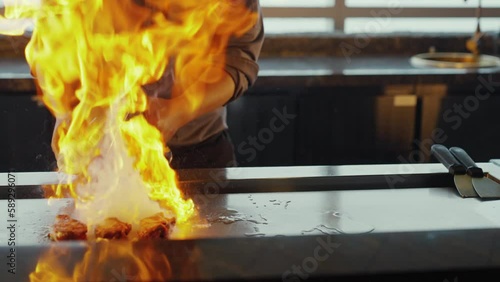 Slow Motion Lamb Chop Teppanyaki Fire Grilling