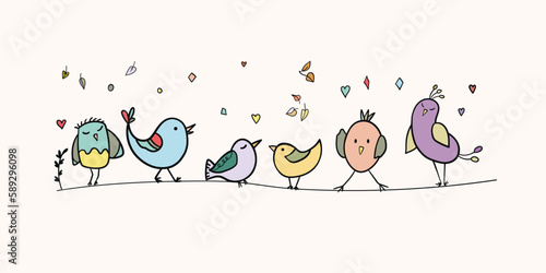 Funny colorful birds sitting on wires. Color flat vector illustration with little cartoon bird. Cute characters. Card, postcards for kids