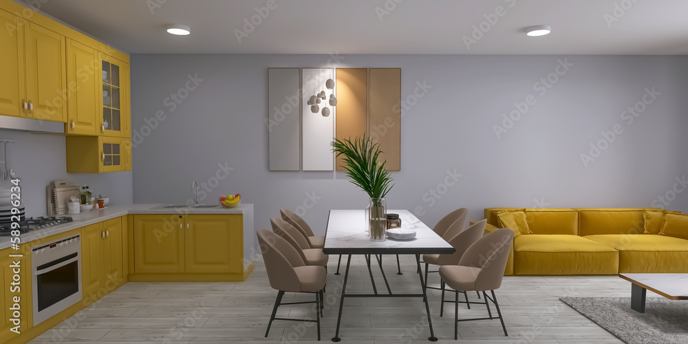 Fototapeta premium Kitchen dining room 3d render, 3d illustration