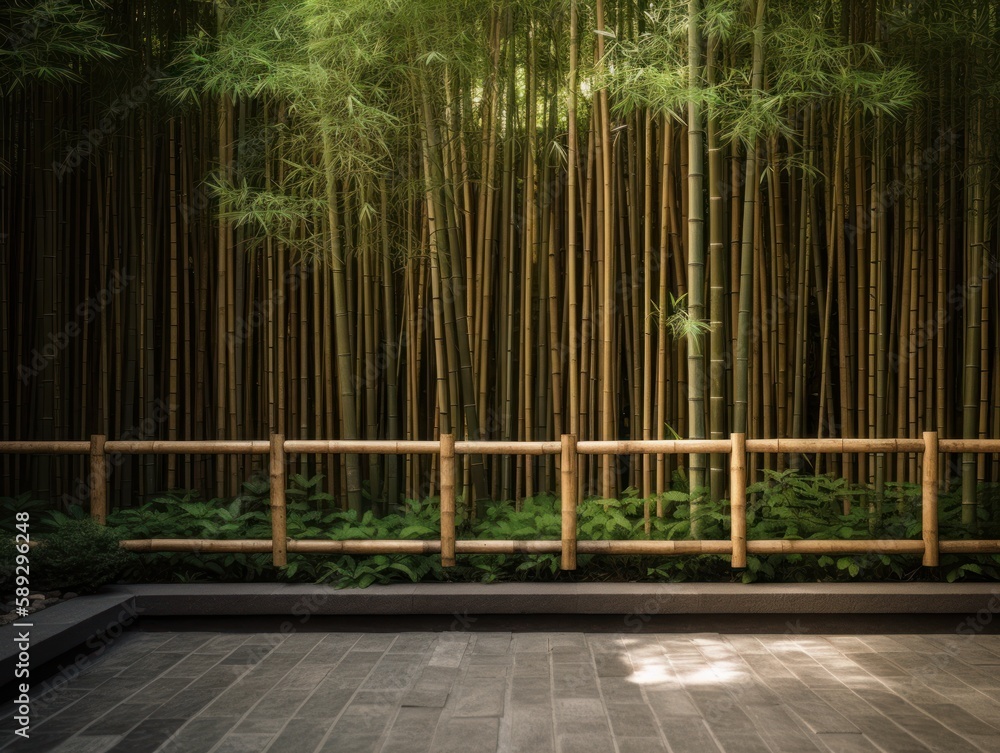 A minimalist and striking view of a bamboo fence in a Japanese garden