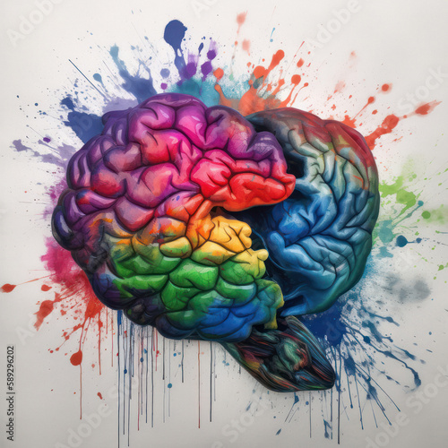 Artistic Depiction of Colorful Ink Human Brain for Happiness and Mental Health