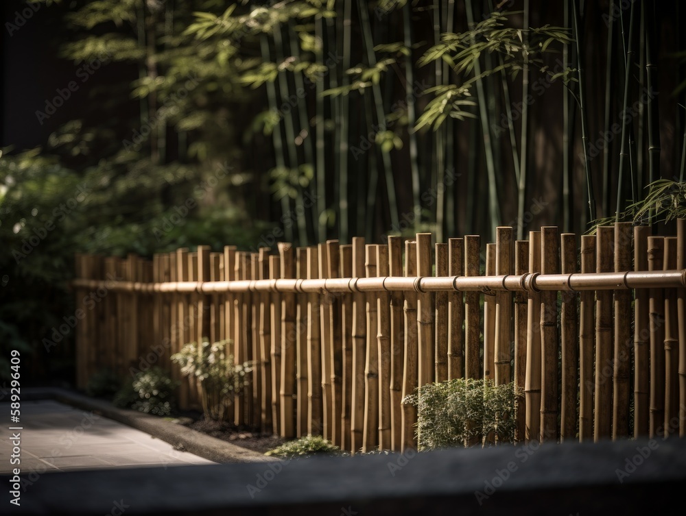 A minimalist and striking view of a bamboo fence in a Japanese garden A minimalist and striking view of a bamboo fence in a Japanese garden