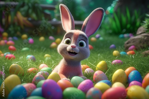 Easter rabbit with colorful holiday eggs cute fluffy bunny celebrating spring holiday
