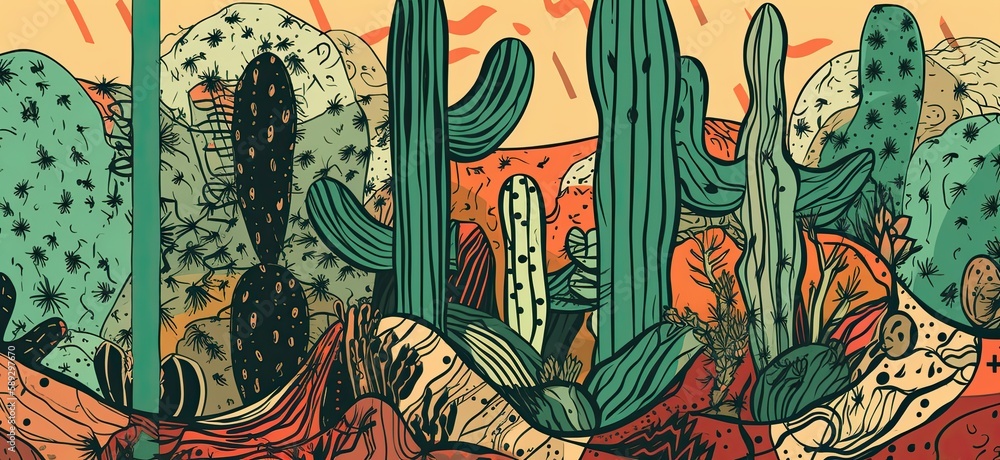 Vibrant, hand sketched cactus illustrations with striking lines, shapes, and disorderly patterns. Generative AI
