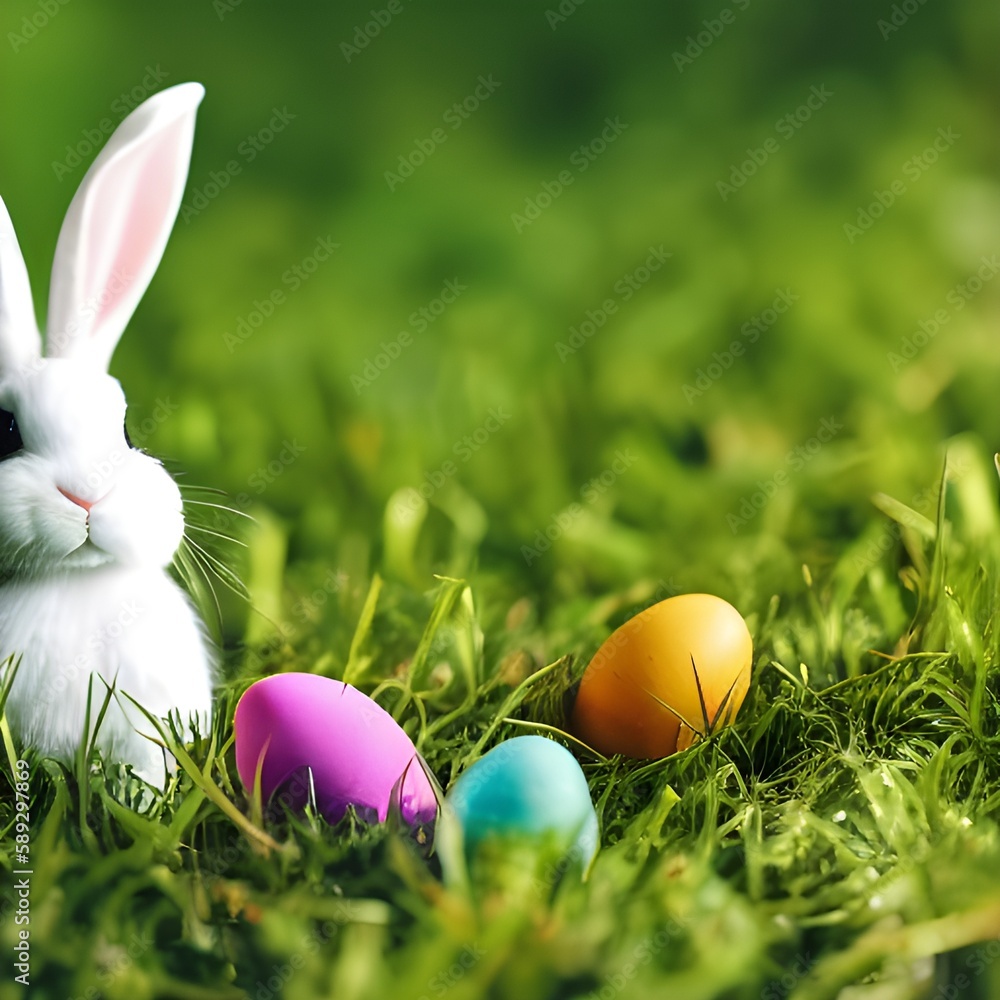 natural white easter bunny and  colored eggs on green grass, lawn.  space for your content. Background, backdrop illustration for easter or spring banners or greetings
